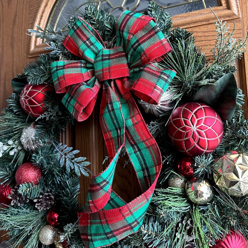 GiftWrap Etc. Green Red Plaid Christmas Bow - 10" Wide, 18" Long Pre-Tied Bow, Tartan, Door Decoration, Swag, Wreath, Garland, Boxing Day, Winter Decor - Image 4
